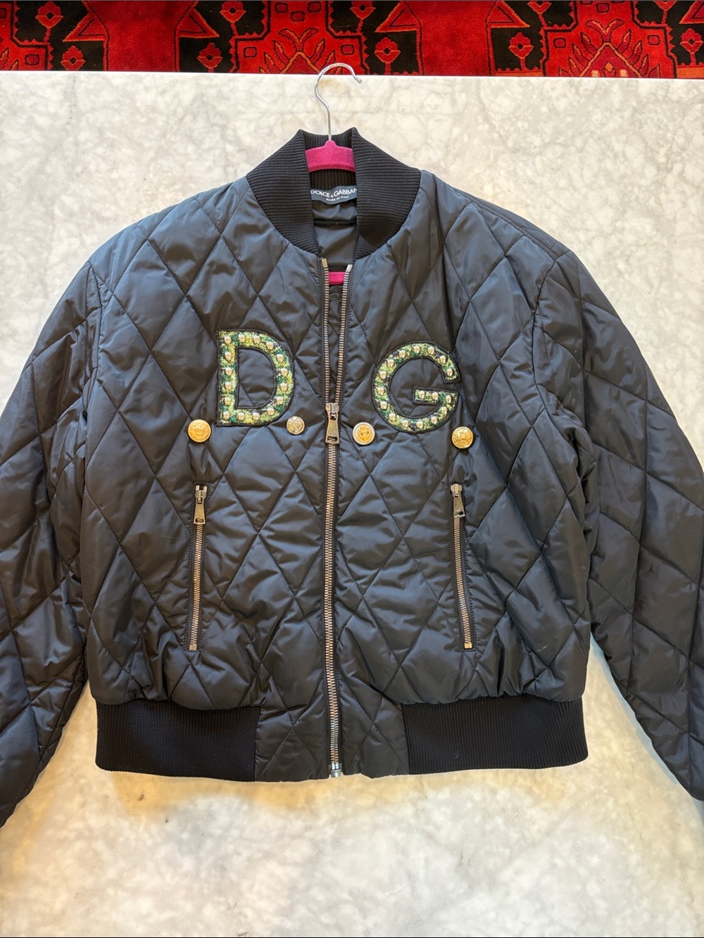 Dolce & Gabbana Black Quilted Bomber Jacket with DG Embellishment